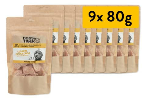 Dogs'n Tiger Leckere Stückchen Hundesnack, Hähnchenbrust, 100%, 9X 80g | Hundeleckerli, Trainingssnack, gefriergetrocknet, ohne Zucker, Getreide & künstliche Aromen, gut verträglich