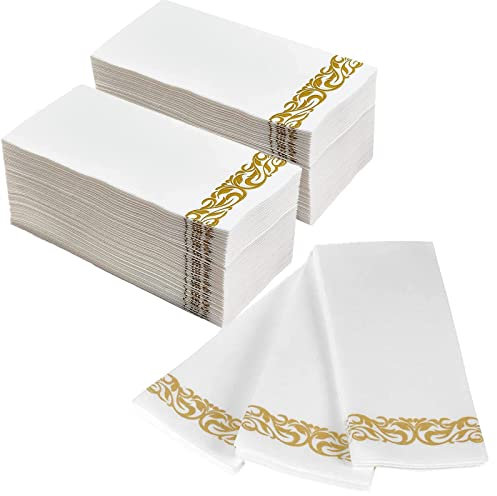 DADAWU Toallas de mano desechables, toallas de invitados con tacto de lino, servilletas de papel dorado, toallas de baño, toallas de papel, servilletas de mano, toallas de mano de papel, 100 unidades