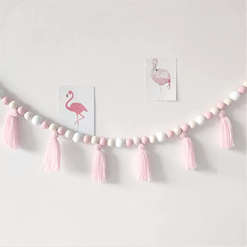 SayasNoy Quastengirlande – Boho-Quasten-Girlande mit Holzperlen – Wanddekoration für Wohnheim, (149,9 cm) (Rosa + Quaste)
