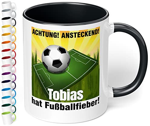 Lustige Fußball-Tasse mit Namen „Achtung! Ansteckend! WUNSCHNAME hat Fußballfieber!“ – Kaffee-Tasse mit Spruch - Fußball Geschenk für Männer, Jungs, Mädchen | Weihnachten, Geburtstag (Schwarz)