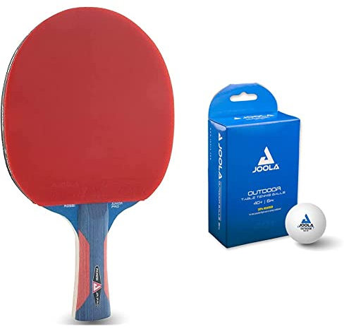 JOOLA Tischtennisschläger Rosskopf Junior Pro ITTF genehmigter Kinder Wettkampf Tischtennis-Schläger 5 Sterne, Griff Blau/Rot, 1.8 MM & 42183 Tischtennisbälle Outdoor 40+ mm, Weiss, 12 Stück