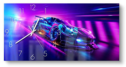 DEQORI Glasuhr | vertikal 60x30 cm | Motiv Corvette Verfolgungsjagd | große XXL Design Uhr aus Glas | leise Wanduhr für Wohnzimmer & Küche | Moderne Hingucker Uhr für die Wand