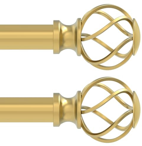 VOIIY Gardinenstangen für Fenster, 122 bis 213 cm, 1,9 cm Durchmesser, goldfarbene Gardinenstangen mit gedrehten Käfig-Endstücken, Größe: 91,4 - 224,4 cm, 2 Stück