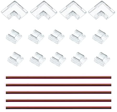 JOYLIT LED Streifen Verbinder 2 Polig 10MM für COB SMD Einfarbige LED Strip, Lötfrei Durchsichtig Steckverbinder Beinhaltet 10 Lückenlose Verbinder, 4 90-Grad-Ecke Verbinder, 5 Verlängerungskabel