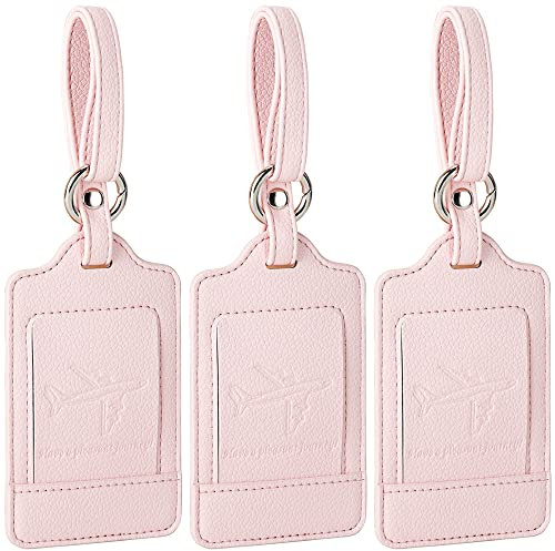 Teskyer 3 Pièces Etiquette Valise, Etiquette Bagage Valise, Etiquette Valise Voyage Avion, cuir PU, Durable, Esthétique, aide à l' Identification, Protection de la vie Privée, Pâle Rose