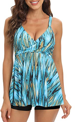 Adigaber Maillot De Bain Deux Pièce Tankini Imprimé Rembourré Maillot avec Short de Garçon Maillots de Bain à Jupette Elégante Taille Haute Beachwear