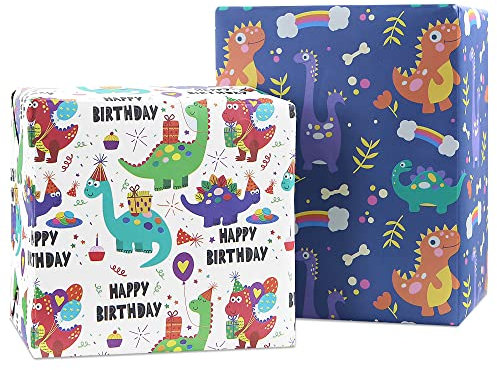 Geburtstags-Geschenkpapier für Kinder, Jungen und Mädchen, Dinosaurier-Geschenkpapier für Geburtstag, Babyparty, Kindergarten, Party, 2 Stile, insgesamt 8 Blätter, flach gefaltet, 50 x 70 cm pro Blatt