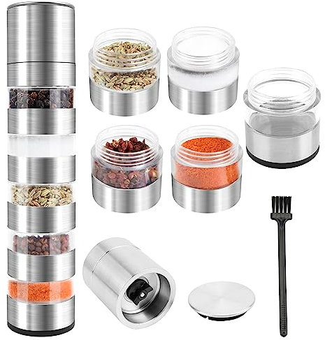 Reise Gewürz Set Gewürzdosen Camping Outdoor Gewürzdosen mit Mühle 5-in-1 Mini Salzstreuer für Unterwegs mit 1x Reinigungsbürste Edelstahl Tragbare Gewürzstreuer für Picknick BBQ Reise Spice Jars