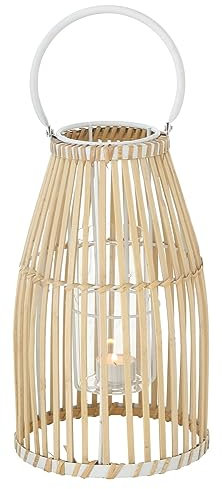 Home4You Windlicht - Braun - Weiß - Bambus - Glas - H 31 cm - mit Kerzenhalterglas