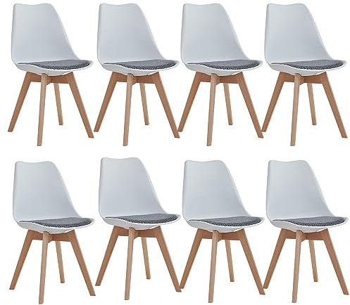 BenyLed Lot de 8 Chaise de Salle à Manger Scandinave, Chaises de Cuisine Modernes avec Coussin en Tissu, Chaises D'appoint en Lin avec Pieds en Hêtre (Blanc-Tissu)