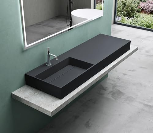 Mai & Mai Waschbecken Aufsatzwaschbecken Hängewaschbecken Col12-Links 150x48x13cm Waschtisch Waschplatz in matt Anthrazit aus Mineralguss ohne Überlauf
