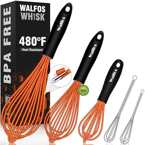 Walfos Schneebesen, Silikon-Schneebesen, 5er-Set, Mini-Edelstahl-Schneebesen 7+12,7 cm und nicht kratzfeste beschichtete 7+9+27,9 cm Schneebesen, geeignet zum Mischen, Rühren, Schlagen, Aufschäumen