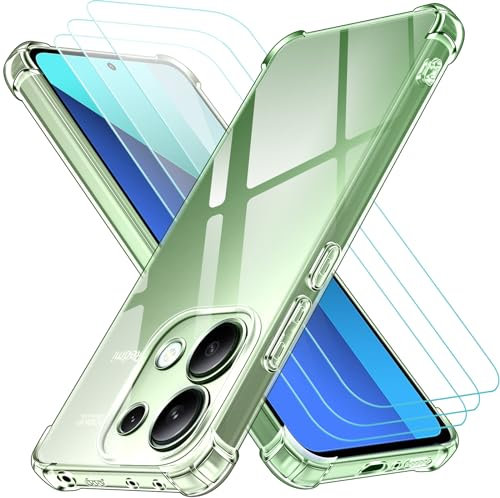 ivoler 4 en 1 Coque pour Xiaomi Redmi Note 13 4G (Pas pour Redmi Note 13 5G) avec 3 Pièces Verre Trempé, Transparent Étui de Protection en Silicone Antichoc, Souple TPU Anti-Rayures Bumper Housse
