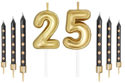 mciskin Goldene Zahlenkerzen mit schwarzen Punkten, Kerzen Set, Happy 25th/52th Birthday Kerzen für Kuchen, Geburtstagskerzen, Topper für Mädchen, Jungen, Frauen, Herren, Geburts, JSLZ25/52