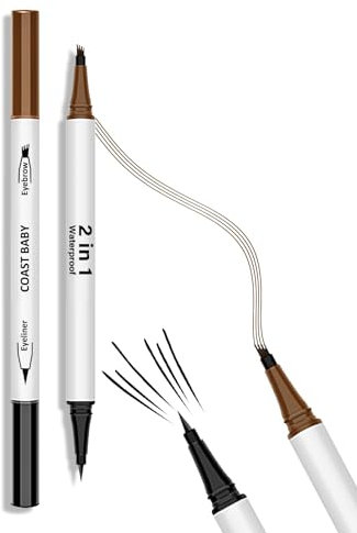 QIAWES Eyebrow Pencil, 2-In-1 Eyebrow Pen, 4 Fork Tip Microblading Eyebrow Pencil, Tattoo Eyebrow Pencil - Double Head Liquid Eyebrow Pen + Black Eyeliner Pencil (Dark Brown)
