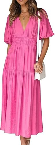 MessBebe Femmes été col en V Manches moelleuses Robe décontractée Couleur Unie Robe de midi Volants Robe de Plage Rose L