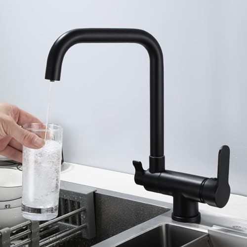 Grifo De Cocina De 3 Vías Mezclador De Cocina Abatible Debajo De La Ventana Grifo Giratorio Grifo De Cocina De Agua Potable Filtrada Mezclador De 3 Vías para Fregadero,Negro