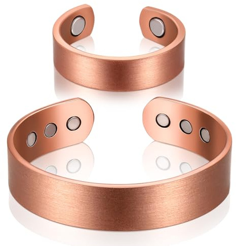 Sinmoe Set de 2 Pulsera y Anillo Magnéticos de Cobre Pulsera Magnética de y Anillo con Imanes para Hombres y Mujeres Brazalete Ajustable de Cobre Macizo (Sencillo)