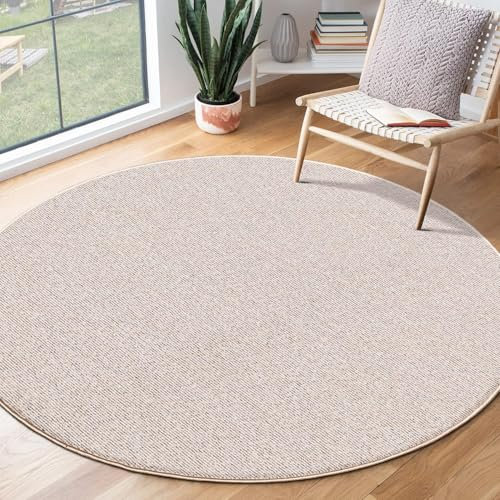 the carpet Natal Moderner einfarbiger Teppich Wohnzimmer, für die Küche geeignet, Tufting, robuster Kurzflor mit Filz-Rücken, weich & schmutzabweisend, Beige, 133 cm Rund