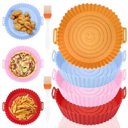 Yimomoyi 4 Pièces Moule Air Fryer, 20CM Moule Silicone Air Fryer, Ronde Souriante Moule Airfryer Réutilisable avec 2 Pinceau à huile en silicone pour four, Micro-ondes, Friteuse à air