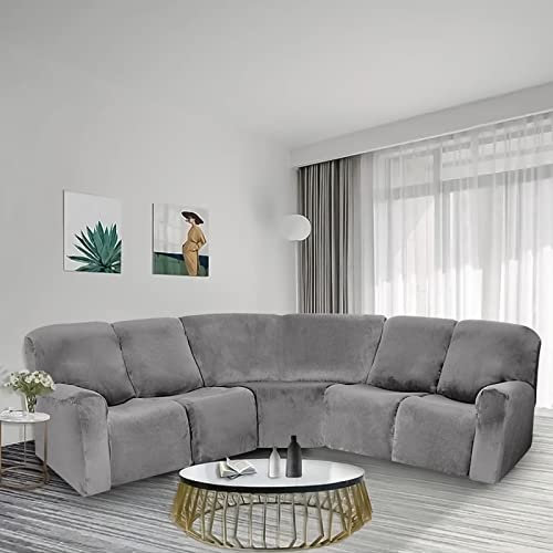 Samt-Sofabezug in L-Form, 5-Sitzer-Schonbezug für Eckcouch, dick, weich und waschbar, Möbelschutz, grauer Stretch-Stoff für eine