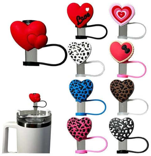 9 Pcs Valentine's Day Heart Shape Straw Covers for Stanley 10mm, Silicone Valentines Straw Toppers Heart Straw Cap for Stanley Cup 30oz & 40oz Tumbler, Eusable Straw Cover for Stanley Cup Accessories