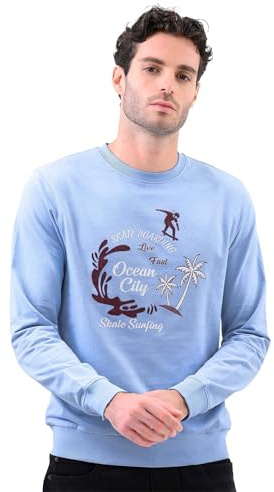 Enorsia Mens Paradise Surf Sweatshirt Crew Neck Long Sleeve Soft Cotton Regular Fit Flock Print Ribbed Hem Comfortable Casual Sweat Shirts for Men Adult Classic Sweatshirts Everyday Wear
