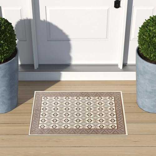 cozily® Indoor Mats For Front Door With Jute Back, Traditional Rug - Arta 60 x 110 cm Cream - Washable Rugs For Kitchen, Corridor Rug and Welcome Mat