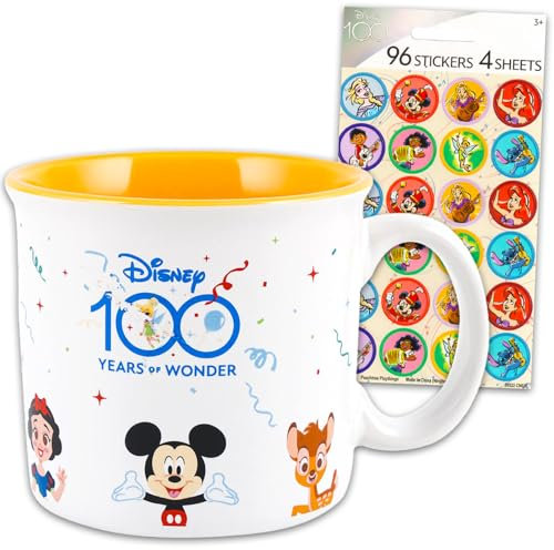 Disney Camper Mug Gift Set - Bundle with Ceramic Travel Coffee Cup with Handle Featuring Mickey, Donald, Snow White, More Plus Stickers for Teens | Disney 100 Mug Set for Adults