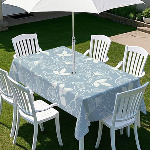 Chickwin Outdoor Tablecloths with Parasol Hole, Summer Flowers Tablecloth Rectangular Waterproof Stain Resistant Wipe Clean for Garden Table, Family Gatherings, BBQs, Party (Light Blue,102x60in)