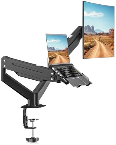 suptek Monitor Laptop Mount Stand, Adjustable Dual Monitor Arms Desk Bracket for 13-18 Notebook and 17-32 Screen, 2 in 1 Function with Laptop Tray, Holds up to 10kg