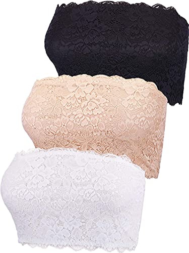 FULIER Women's Floral Lace Tube Top Bandeau Strapless Bras Seamless Bandeau Stretchy Chest Wrap for Daily Favor (UK, Alpha, XXL, Regular, Regular, Lace Bra (No Padded))