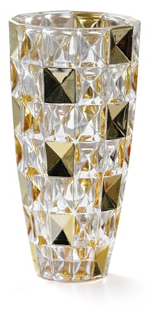 Unique Diamond-Shaped Hand Painted Gold Glass Flower Vase 11.8 Tall for Home Decor, Dining Wedding Table Office Holiday Party Centerpiece Decoration