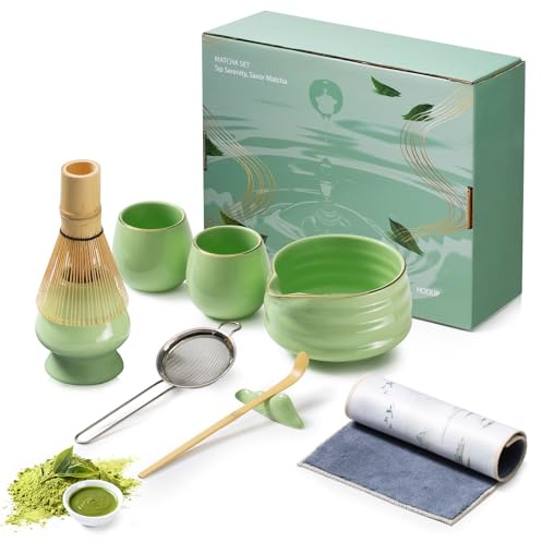 HODUP Matcha Whisk Set, 9Pcs Ceramic Matcha Kit with Hand-Painted Gold Trim Ceramic Bowl, Scoop, 2 Matcha Cups, Scoop Rest, Sifter and Tea Towel, Ultimate Gift for Matcha & Green Tea Lovers