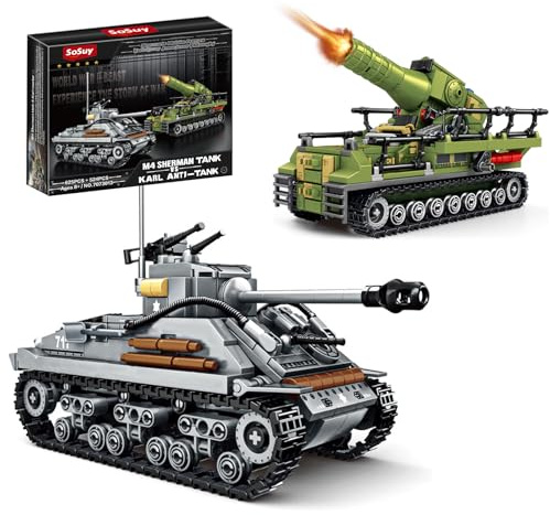 Sosuy ​Kit de Tanque WW2 de construcción, Maqueta Móvil Militar Avion 1:32 con Sherman Estadounidense y Mortero Karl Alemán Juguete de Modelismo Histórico para Niños de 8 Años y Adultos 1117 Piezas​