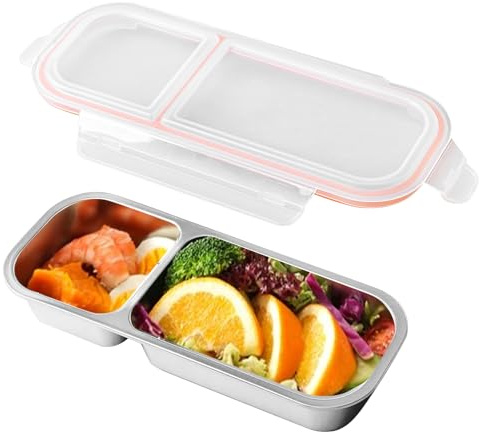 Caja de aperitivos de acero inoxidable (2 compartimentos), fiambrera dividida con tapa, plato de aperitivos para frutos secos, verduras y dulces, ligero y a prueba de fugas, cuenco para aperitivos