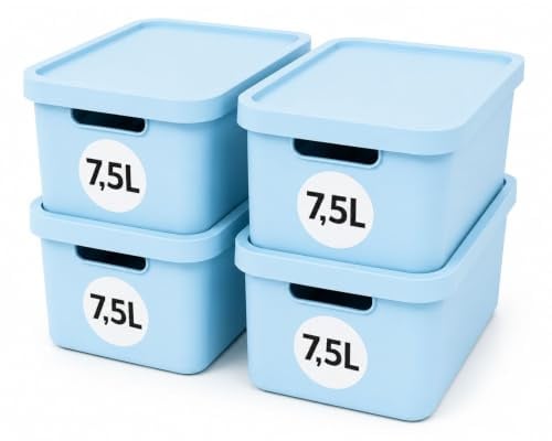 Plastard Aufbewahrungsbox mit Deckel 4er-Set 7,5 Liter in Blau | BPA-Freie Ordnungsbox für Küche, Bad, Büro, Kinderzimmer, Robuste Stapelbare Kunststoffbox, 32 x 22 x 15 cm, Ordnungskiste