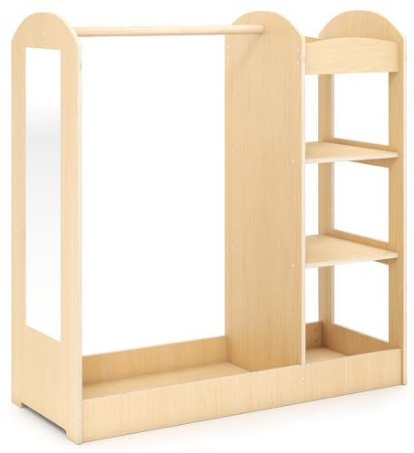 GYMAX Kids Dress up Storage, Wooden Children Wardrobe with Mirror, Clothes Rail and 4-Tier Shelves, Toddlers Closet for Girls Boys Bedroom (Natural)