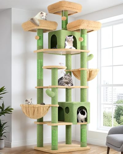 Globlazer Rascador para Gatos Verde Cactus XXL 209 cm con 3 Perchas Acolchadas, 2 Nidos, 2 Cesta, Grande Plataformas, Juguetes de Peluche, Lujo Árbol Rascador para 3-5 Gatos Interior (F82, Verde)