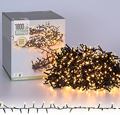 ECD Germany LED Cluster Lichterkette 1800 LED 36m Extra Warmweiß mit 8 Programmen, Clusterlichterkette Büschellichterkette Weihnachtsbaum Weihnachtsbeleuchtung Deko Weihnachten, IP44 Innen & Außen