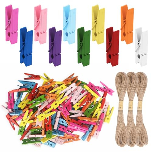 Lot de 250 Mini Pinces en Bois Colorées 35MM Petites Epingle a Linge | avec Bobine de Ficelle de Jute de 30M,Photo Clip Pince Décoratif pour Accrocher Photos, Postkarten, Vêtements, Décoration DIY