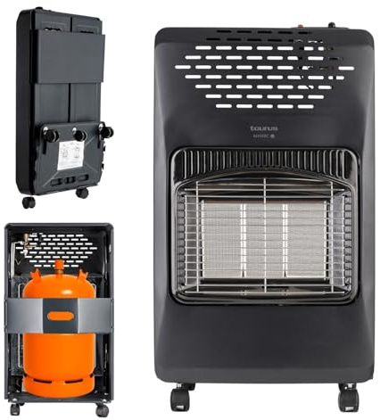 Taurus Gas Compact - Estufa de gas butano, estufa plegable, 4.2kW, 3 niveles de potencia, encendido piezoeléctrico, triple sistema de seguridad, 5 ruedas, bombona carga butano de máx 15kg