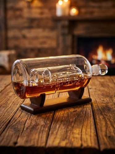 Train in a Bottle Whiskey Decanter – 750ml Clear Glass Train Bottle with Wooden Stand, Novelty Barware Gift & Home Decor