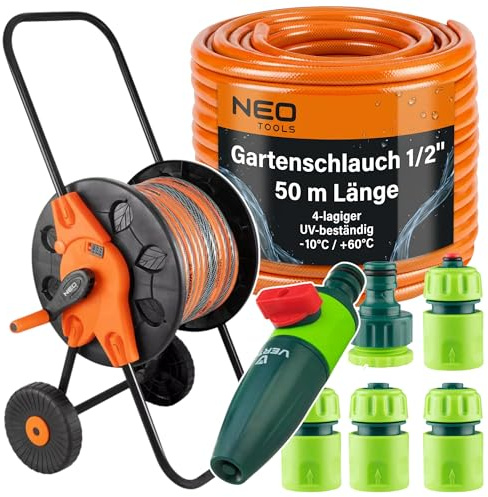 NEO TOOLS Garten Gartenschlauch Set 50 m 1/2 Zoll mit Schlauchwagen Sprühdüse und Anschlüssen 4-lagiger PVC Schlauch UV-beständig Bewässerungsset für Garten und Rasen
