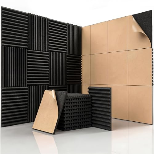 HERTBER 48 Stück Akustikschaumstoff, Schalldämmung Selbstklebend, 30 x 30 x 2,5cm Keil Akustikpaneele Selbstklebend, Schallschutzplatten für Tonstudio, Büro, Decke
