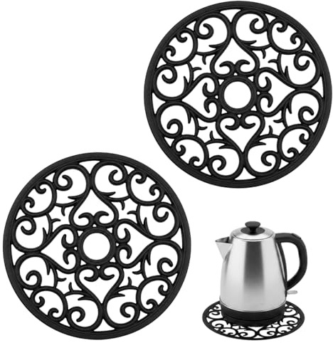 Trivets for Kitchen Worktops, Teapot Stand, Cast Iron Trivet, Hot Pan Stand for Cookware Protection, Set of 2 Black Silicone Mats with Lattice Design