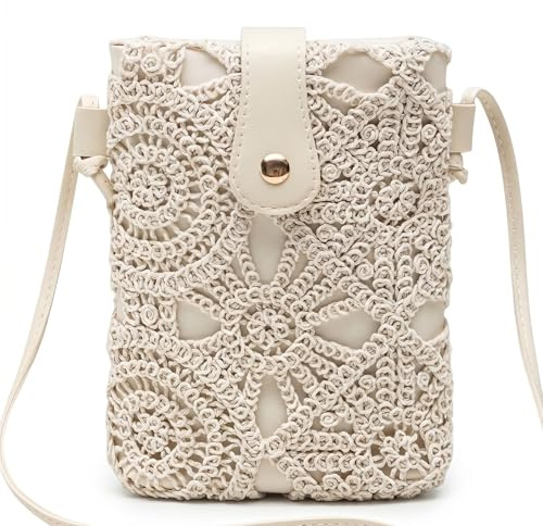 LEBKFT Women's Crochet Phone Bag Crossbody, White Hollow Flower Straw Beach Bag, Small Woven Shoulder Purse for Summer Travel PU Leather Mini Handbag with Adjustable Strap (A)