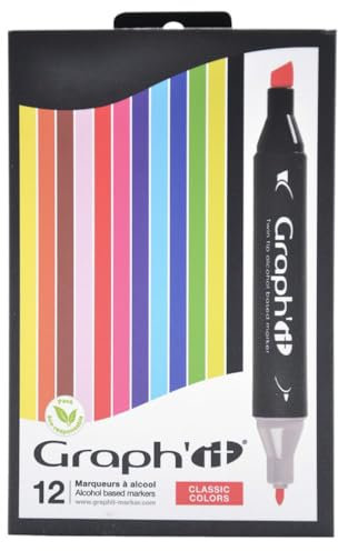 Graph'it - Set de 12 Markers à Alcool Double Pointe : Fine et Biseautée pour Dessin de Manga, Illustration, Colorant, Esquisse, Écriture - Rechargeables - Set Classic