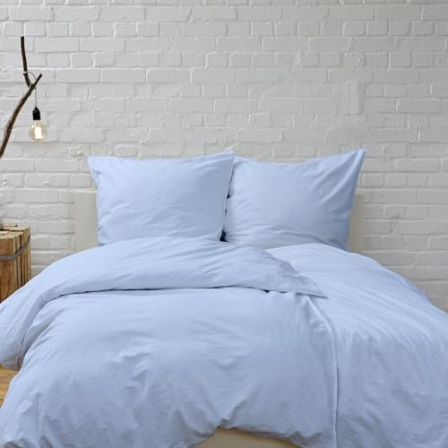 Hans-Textil-Shop Bettwäsche Hellblau 135x200 cm – 100% Baumwolle, handgefertigt in Deutschland, Stoff aus Europa, von Hand zugeschnitten & genäht, mit Reißverschluss & Kissenbezug 80x80 cm