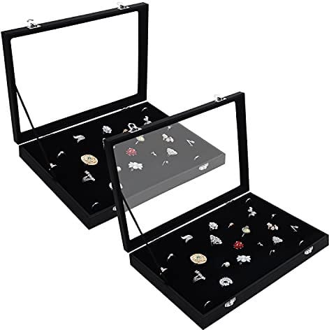 Kurtzy 2er Pack Schwarzes Samt Ring Schmuck Aufbewahrungssystem Schmuckkästchen Glas Deckel mit 100 Schlitzen - Ringhalter Schmuck Box mit Klarem Glasdeckel für Ringe, Ohrringe und Manschettenknöpfe